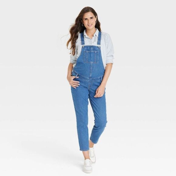 Isabel Maternity by Ingrid & Isabel Pants - Open Box - Denim Overalls Maternity Jumpsuit - Isabel Materni Medium Wash